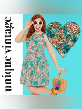 Unique Vintage 1950s Turquoise Hawaiian Print Tea Dress, Large, NWT!